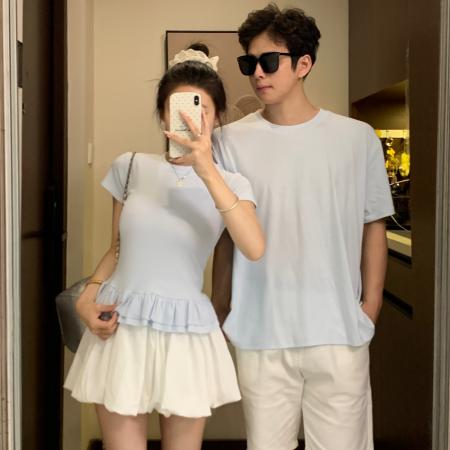 BY19024# 情侣装夏季韩系芭蕾风蓝色挂脖上衣仙气白色半裙 服裝批發女裝批發服飾貨源