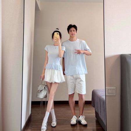 BY19024# 情侣装夏季韩系芭蕾风蓝色挂脖上衣仙气白色半裙 服裝批發女裝批發服飾貨源