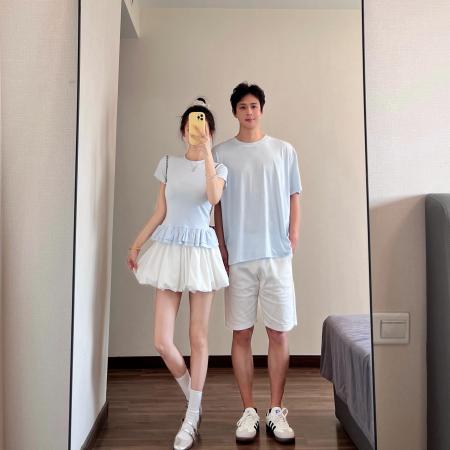 BY19024# 情侣装夏季韩系芭蕾风蓝色挂脖上衣仙气白色半裙 服裝批發女裝批發服飾貨源