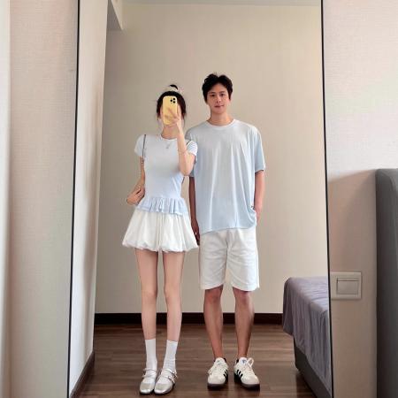 BY19024# 情侣装夏季韩系芭蕾风蓝色挂脖上衣仙气白色半裙 服裝批發女裝批發服飾貨源