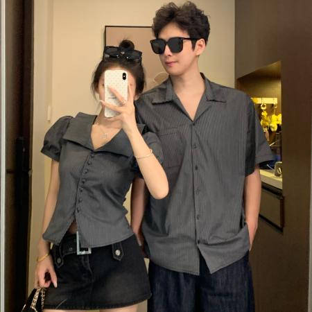 BY19025# 情侣装夏季韩系黑白条纹翻领衬衣复古泡泡袖上衣 服裝批發女裝批發服飾貨源