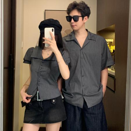 BY19025# 情侣装夏季韩系黑白条纹翻领衬衣复古泡泡袖上衣 服裝批發女裝批發服飾貨源