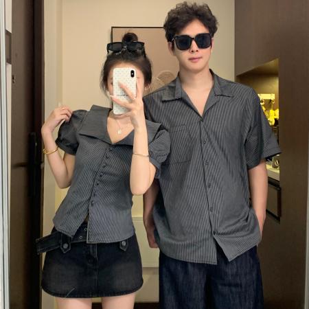 BY19025# 情侣装夏季韩系黑白条纹翻领衬衣复古泡泡袖上衣 服裝批發女裝批發服飾貨源
