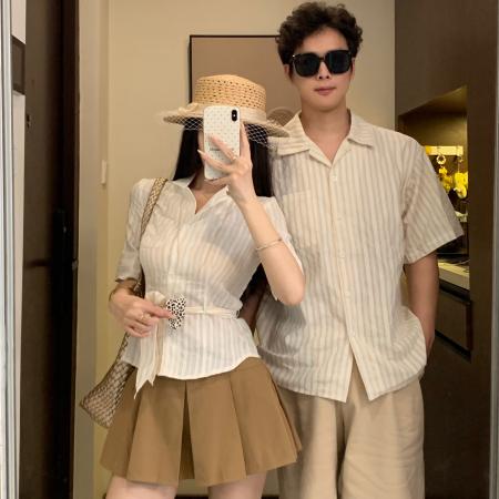 BY19026# 情侣装夏季设计感韩系简约系带V领收腰衬衫 服裝批發女裝批發服飾貨源