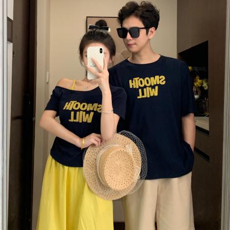BY19027# 情侣装夏季设计感美式斜肩字母撞色短袖T恤 服裝批發女裝批發服飾貨源