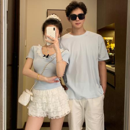 BY19028# 情侣装夏季芭蕾风蕾丝拼接baby蓝正肩短袖T恤女 服裝批發女裝批發服飾貨源