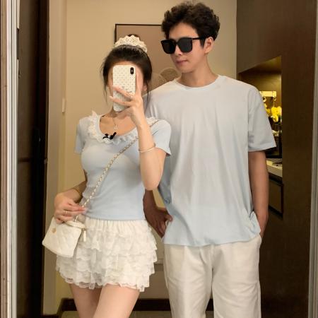 BY19028# 情侣装夏季芭蕾风蕾丝拼接baby蓝正肩短袖T恤女 服裝批發女裝批發服飾貨源