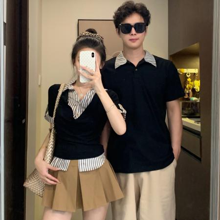 BY19029# 情侣装夏季设计感学院风假两件条纹收腰显瘦上衣 服裝批發女裝批發服飾貨源