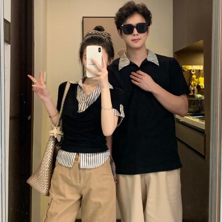 BY19029# 情侣装夏季设计感学院风假两件条纹收腰显瘦上衣 服裝批發女裝批發服飾貨源