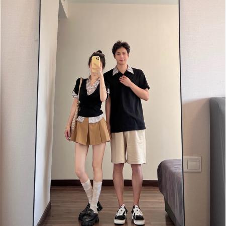 BY19029# 情侣装夏季设计感学院风假两件条纹收腰显瘦上衣 服裝批發女裝批發服飾貨源