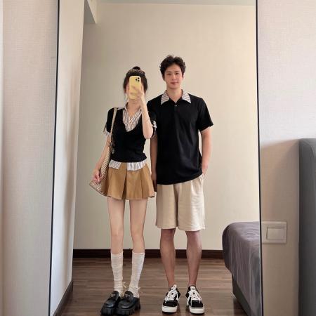 BY19029# 情侣装夏季设计感学院风假两件条纹收腰显瘦上衣 服裝批發女裝批發服飾貨源