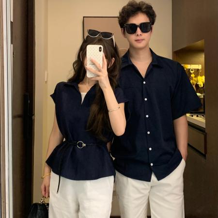 BY19030# 情侣装夏季假两件拼接衬衫显瘦气质收腰上衣 服裝批發女裝批發服飾貨源