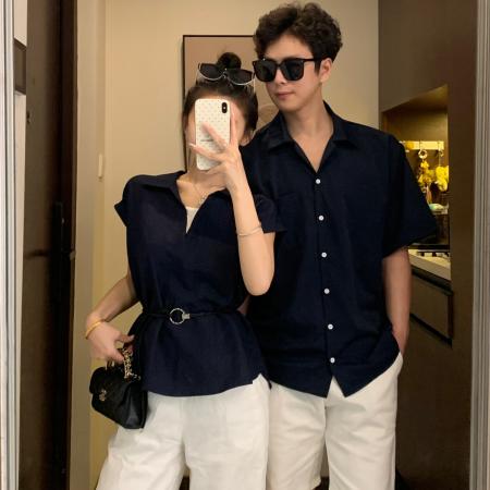 BY19030# 情侣装夏季假两件拼接衬衫显瘦气质收腰上衣 服裝批發女裝批發服飾貨源