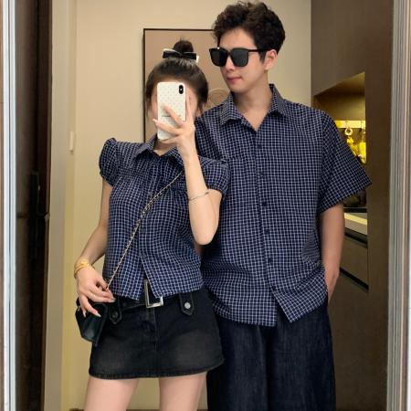 BY19031# 情侣装夏季设计感韩系复古蓝色格纹泡泡袖衬衫 服裝批發女裝批發服飾貨源