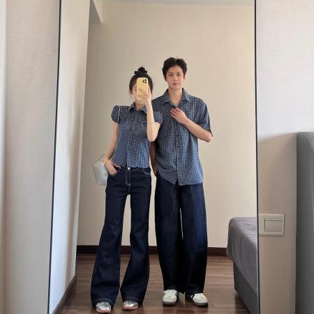 BY19031# 情侣装夏季设计感韩系复古蓝色格纹泡泡袖衬衫 服裝批發女裝批發服飾貨源