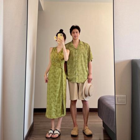 BY19032# 情侣装夏季绿色吊带裙海边度假风沙滩裙一裙一衣 服裝批發女裝批發服飾貨源