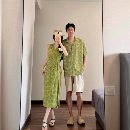 BY19032# 情侣装夏季绿色吊带裙海边度假风沙滩裙一裙一衣 服裝批發女裝批發服飾貨源