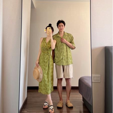 BY19032# 情侣装夏季绿色吊带裙海边度假风沙滩裙一裙一衣 服裝批發女裝批發服飾貨源