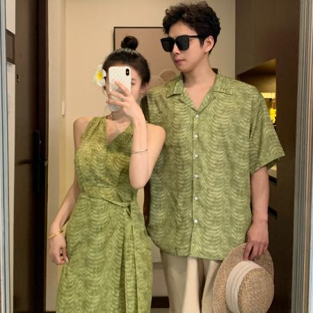 BY19032# 情侣装夏季绿色吊带裙海边度假风沙滩裙一裙一衣 服裝批發女裝批發服飾貨源