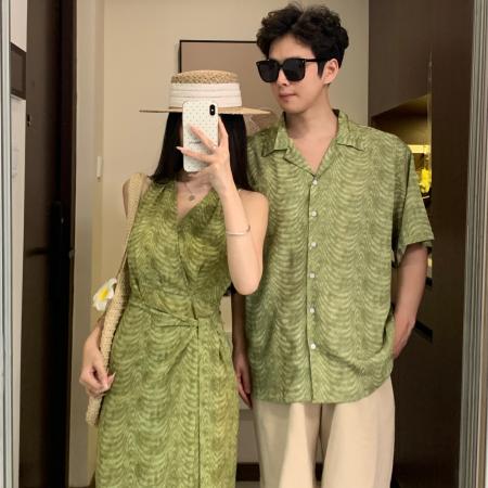 BY19032# 情侣装夏季绿色吊带裙海边度假风沙滩裙一裙一衣 服裝批發女裝批發服飾貨源