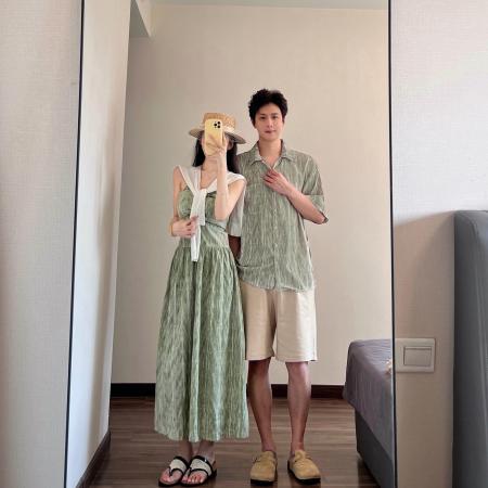 BY19033# 情侣装夏季碎花吊带裙海边度假风沙滩裙一裙一衣 服裝批發女裝批發服飾貨源