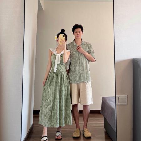 BY19033# 情侣装夏季碎花吊带裙海边度假风沙滩裙一裙一衣 服裝批發女裝批發服飾貨源