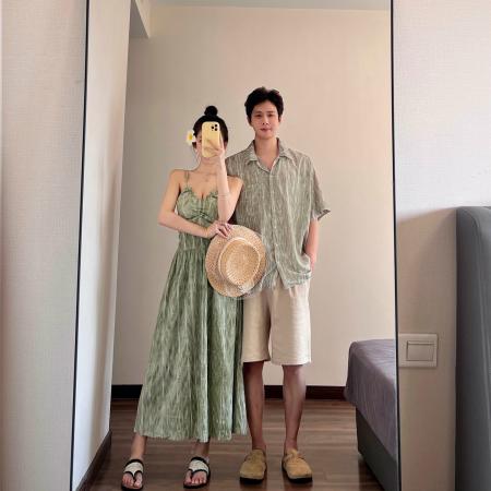 BY19033# 情侣装夏季碎花吊带裙海边度假风沙滩裙一裙一衣 服裝批發女裝批發服飾貨源