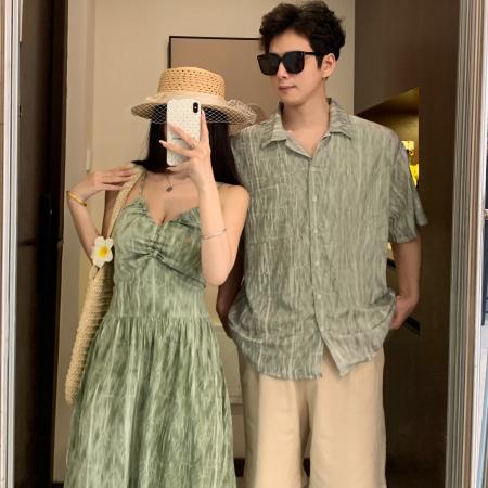 BY19033# 情侣装夏季碎花吊带裙海边度假风沙滩裙一裙一衣 服裝批發女裝批發服飾貨源