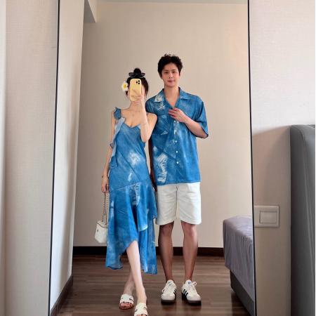 BY19034# 情侣装夏季新款蓝色不规则吊带连衣裙一衣一裙 服裝批發女裝批發服飾貨源