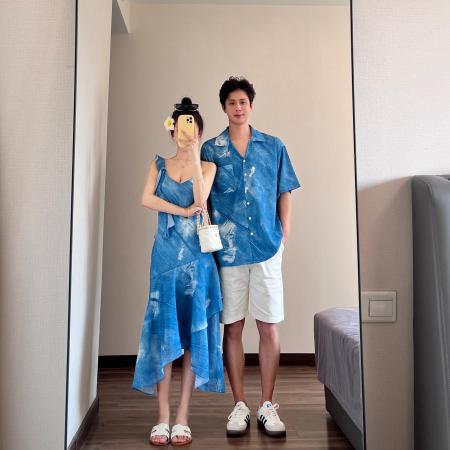 BY19034# 情侣装夏季新款蓝色不规则吊带连衣裙一衣一裙 服裝批發女裝批發服飾貨源