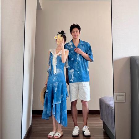 BY19034# 情侣装夏季新款蓝色不规则吊带连衣裙一衣一裙 服裝批發女裝批發服飾貨源