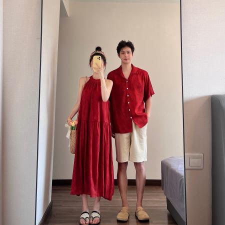 BY19035# 情侣装夏季碎花红色海边度假风沙滩裙一裙一衣 服裝批發女裝批發服飾貨源