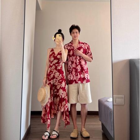 BY19036# 情侣装夏季新款红色不规则吊带连衣裙一衣一裙 服裝批發女裝批發服飾貨源