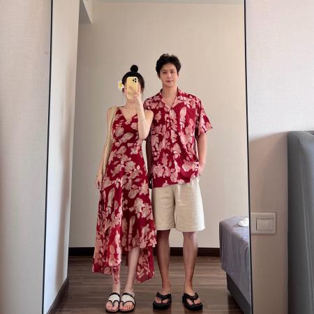 BY19036# 情侣装夏季新款红色不规则吊带连衣裙一衣一裙 服裝批發女裝批發服飾貨源