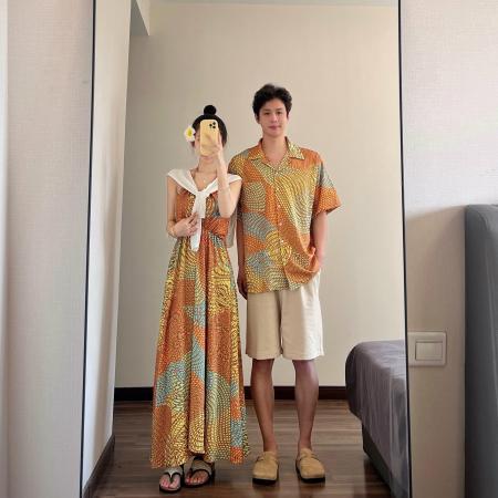 BY19037# 情侣装夏季斜裁吊带裙海边度假风沙滩裙一裙一衣 服裝批發女裝批發服飾貨源