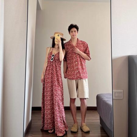 BY19040# 情侣装夏季碎花吊带裙海边度假风沙滩裙一裙一衣 服裝批發女裝批發服飾貨源