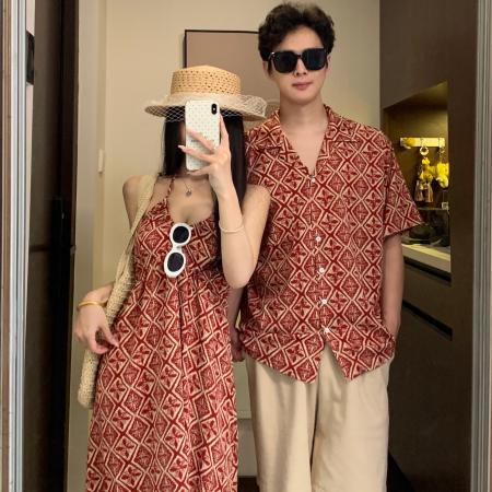 BY19040# 情侣装夏季碎花吊带裙海边度假风沙滩裙一裙一衣 服裝批發女裝批發服飾貨源