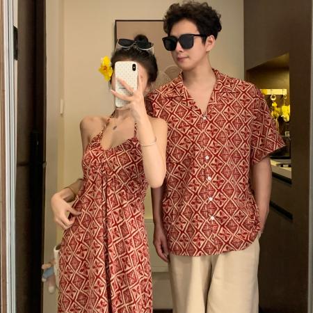 BY19040# 情侣装夏季碎花吊带裙海边度假风沙滩裙一裙一衣 服裝批發女裝批發服飾貨源