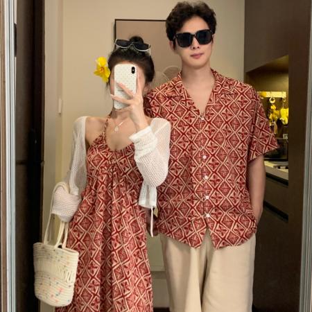 BY19040# 情侣装夏季碎花吊带裙海边度假风沙滩裙一裙一衣 服裝批發女裝批發服飾貨源