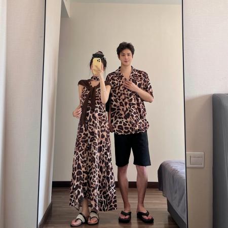 BY19041# 情侣装夏季豹纹吊带裙海边度假风沙滩裙一裙一衣 服裝批發女裝批發服飾貨源