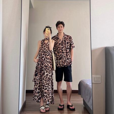 BY19041# 情侣装夏季豹纹吊带裙海边度假风沙滩裙一裙一衣 服裝批發女裝批發服飾貨源