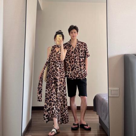 BY19041# 情侣装夏季豹纹吊带裙海边度假风沙滩裙一裙一衣 服裝批發女裝批發服飾貨源