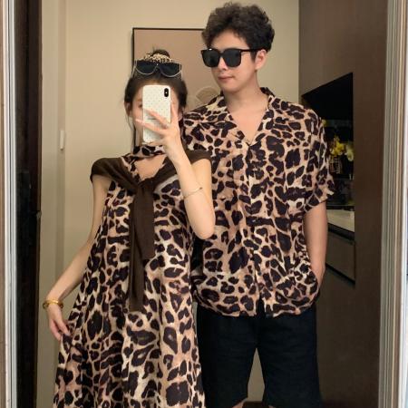 BY19041# 情侣装夏季豹纹吊带裙海边度假风沙滩裙一裙一衣 服裝批發女裝批發服飾貨源