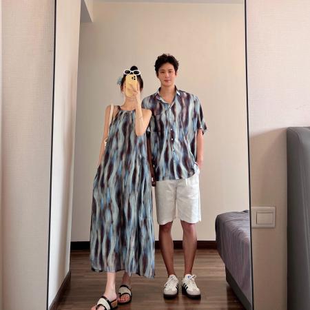BY19043# 情侣装夏季扎染挂脖裙海边度假风沙滩裙一裙一衣 服裝批發女裝批發服飾貨源