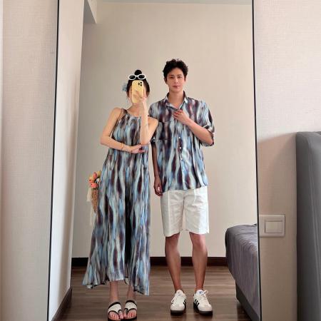 BY19043# 情侣装夏季扎染挂脖裙海边度假风沙滩裙一裙一衣 服裝批發女裝批發服飾貨源