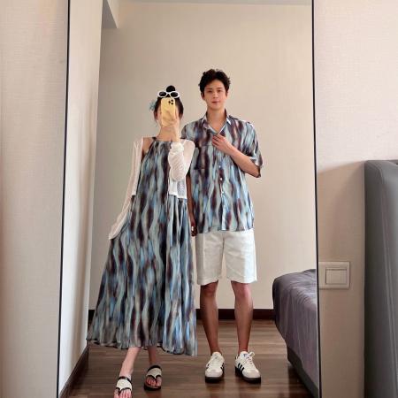BY19043# 情侣装夏季扎染挂脖裙海边度假风沙滩裙一裙一衣 服裝批發女裝批發服飾貨源