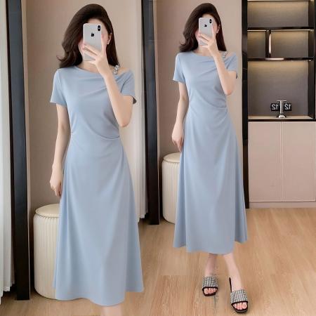 BY19044# 夏季新款高端洋气设计感一字肩显瘦时尚中长款连衣裙女 服裝批發女裝批發服飾貨源