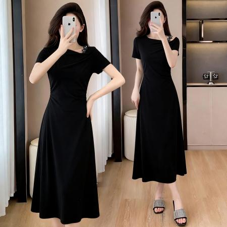 BY19045# 夏季新款高端洋气设计感一字肩显瘦时尚中长款连衣裙女 服裝批發女裝批發服飾貨源