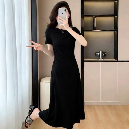 BY19045# 夏季新款高端洋气设计感一字肩显瘦时尚中长款连衣裙女 服裝批發女裝批發服飾貨源