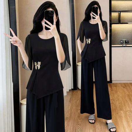 BY19046# 夏季新款优雅爆款修身显瘦短袖阔腿裤时尚休闲两件套女 服裝批發女裝批發服飾貨源